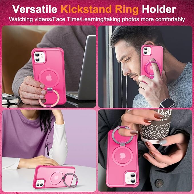 Magnetic Compatible with iPhone 11 Case with Stand [Military Grade Drop Tested][Compatible with Magnet] Ring Translucent Slim Hard Back Soft Edge, Rose Red