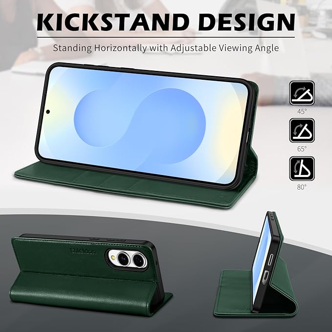 SHIELDON Case for Galaxy S25 Edge 5G 6.7", Genuine Leather Flip Wallet Kickstand RFID Blocking Credit Card Holder Magnetic Shock Absorbing Cover Compatible with Galaxy S25 Edge 2025 - Nappa Evergreen