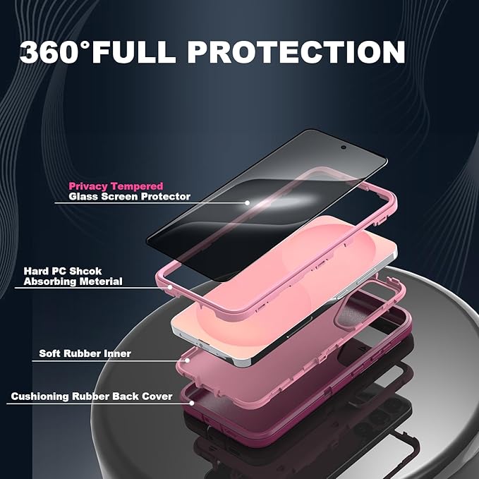 Designed for Samsung Galaxy S24/S25 Case [with Privacy Screen Protector] 3-Layer Full Body Protection Rugged Shockproof Heavy Duty Phone Case Cover, Purple/Pink