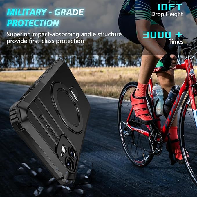 for iPhone 12 Case Magnetic Compatible with MagSafe Wireless Charging,with 2 Screen Protectors,Built-in Kickstand Ring,Shockproof Shock-Absorbent Scratch Resistant Heavy Duty Protection Black