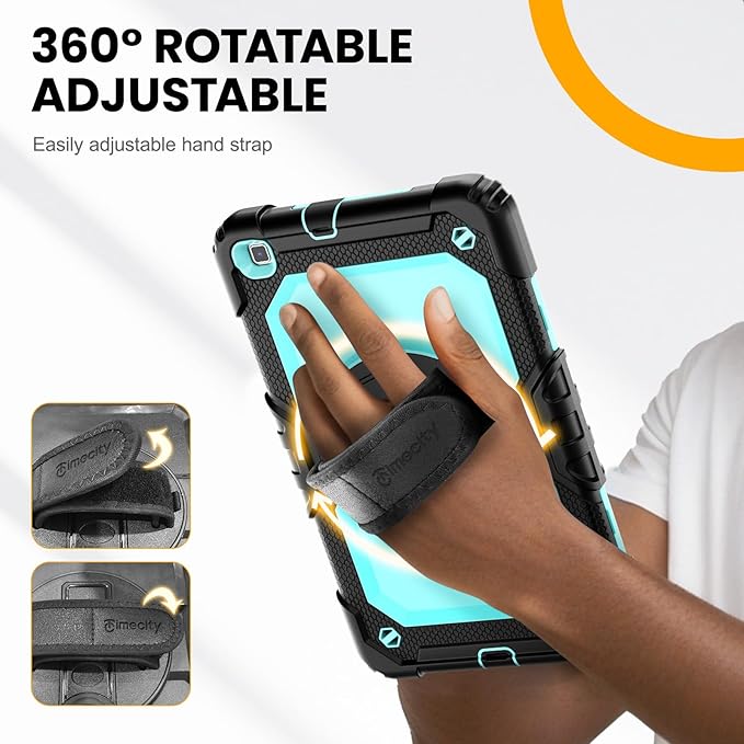 Timecity Tablet Case for Samsung Galaxy Tab A 8.0 2019 Release (Only Fit SM-T290/T295/T297), Tablet Case Protector with Rotating Stand Screen Protector Handle Shoulder Strap, Black/Light Blue