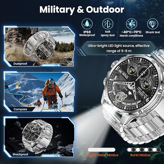Indestructible Military Smart Watches for Men (Answer/Make Call) 1.85 Amoled IP67 Waterproof Smartwatch with Flashlight 129 Sports Mode Fitness Tracker 100 Days Battery for Android iPhone Silver
