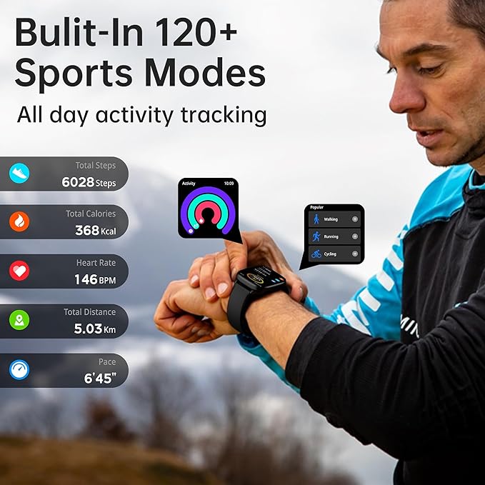 Fitness Tracker Answer/Make Calls, Smart Watch with Blood Pressure, Blood Oxygen, 24/7 Heart Rate Monitor, 120+ Sport Mode Activity Tracker, Waterproof Sleep Tracker for Women Men (Black)