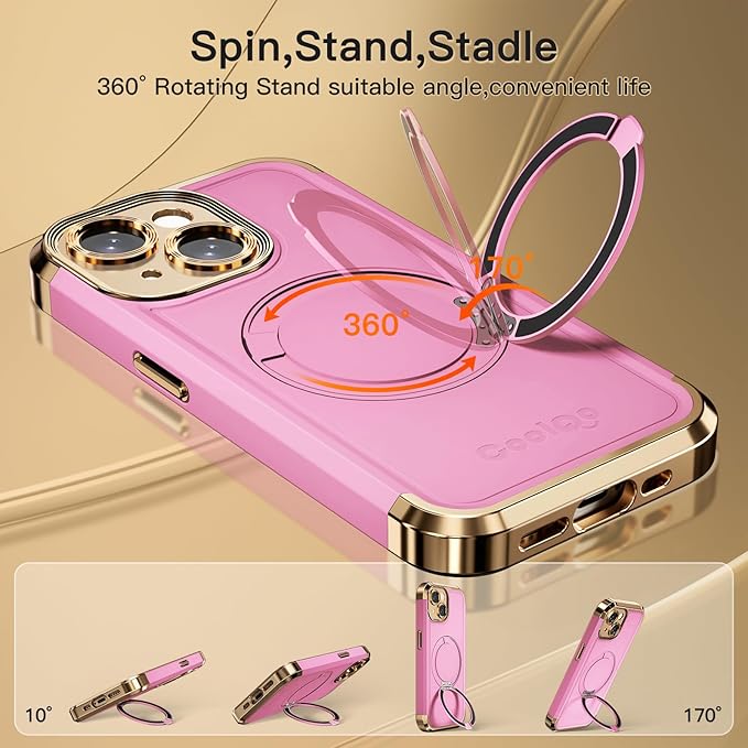 COOLQO for iPhone 15 Plus Case 6.7'' Upgraded 360° Spin Magnetic Stand [Compatible with Magsafe][Military Protection] Shockproof Protective Phone Holder Cover for iPhone 15 Plus, Pink Gold