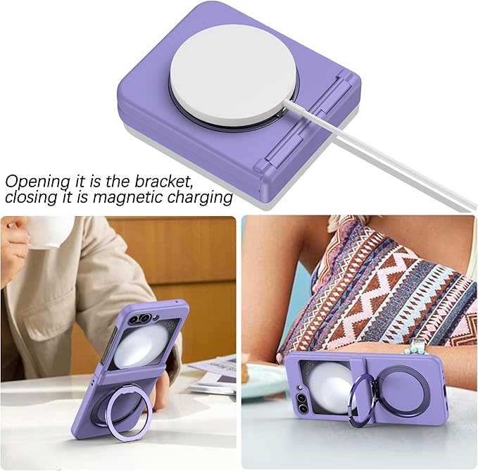 Magnetic Case for Samsung Galaxy Z Flip 5 Compatible with Magsafe, Built-in Kickstand & TPU Hinge Protection Flip 5 Case, Matte PC Cover Ultra Shockproof Phone Case for Z Flip5 (Light Purple)