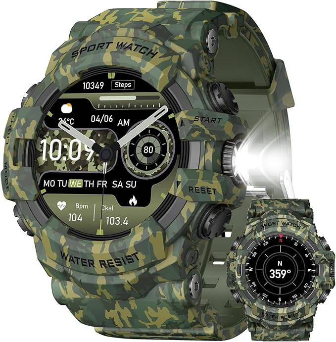 MIDDOW Military Smart Watch with Flashlight (Answer/Make Call) Compass, Heart Rate/Sleep/Sports Tracker, IP68 Waterproof, Long Battery Life, HD Screen, Android & iOS (Camo Green)