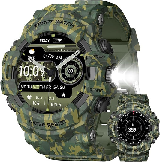 MIDDOW Military Smart Watch with Flashlight (Answer/Make Call) Compass, Heart Rate/Sleep/Sports Tracker, IP68 Waterproof, Long Battery Life, HD Screen, Android & iOS (Camo Green)