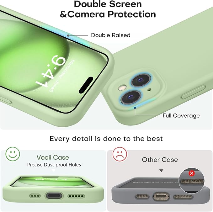 Vooii Compatible with iPhone 15 Plus Case, Upgrade Liquid Silicone [Enhanced Camera Protection] [Soft Anti-Scratch Microfiber Lining] Shockproof Phone Case for iPhone 15 Plus 6.7 inch - Matcha
