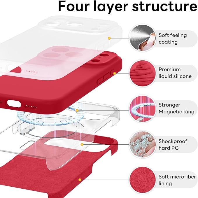 Vooii Magnetic Compatible with iPhone 17 Pro Case (Compatible with Magsafe) (Upgraded Camera Protection) Liquid Silicone Shockproof Full Body Protective Phone Cover for Women Men, Red, 6.3”
