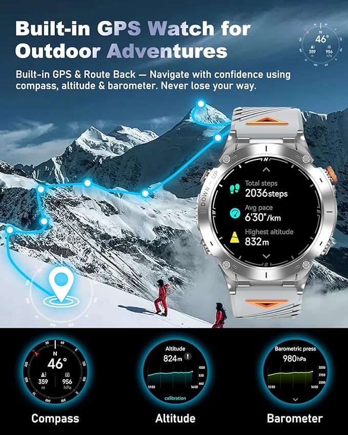 GPS Military Smart Watch for Men with Bluetooth Call, 1.43" AMOLED Waterproof Fitness Tracker with Heart Rate/Sleep Monitor/Flashlight, 170+ Sports Modes, 730mAh Battery for Android/iOS