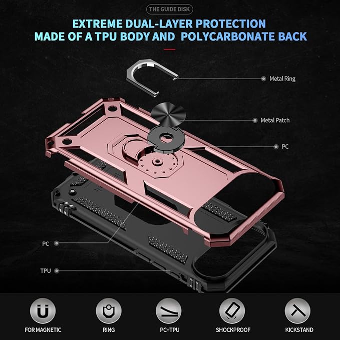 ADDIT Compatible with iPhone 17 Air Case with Tempered Glass Screen Protector, Adjustable Kickstand Ring, Military-Grade Heavy Duty Protection, Shockproof, Anti-Fingerprint,Rose Gold