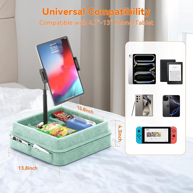 KDD Tablet Pillow Holder - 360°Adjustable iPad Pillow Stand for Lap, Bed and Desk - Gooseneck Tablet Soft Pad Dock with Storage Tray and Pocket Compatible with iPad Pro 12.9, Air Mini, Phone,(Green)