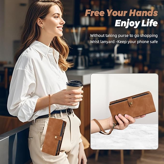 TwoHead Designed for iPhone 13 Wallet Case with Card Holder,Detachable Magnetic Phone Case with Wallet PU Leather Wallet Phone Case for iPhone 13 Case Wallet for Women/Men with Wrist Strap(Brown)