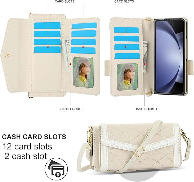 for Samsung Galaxy Z Fold 7 Wallet Case - Stitching Pattern RFID Blocking Card Holder, S Pen Slot Crossbody Strap, Full Body Protection Flip Cover for Women White