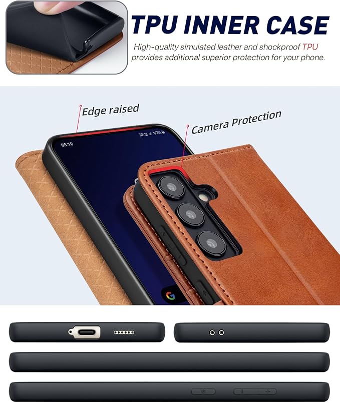 OCASE Compatible with Galaxy S24 5G Wallet Case, PU Leather Flip Folio Case with Card Holders RFID Blocking Kickstand [Shockproof TPU Inner Shell] Phone Cover (2024), Brown