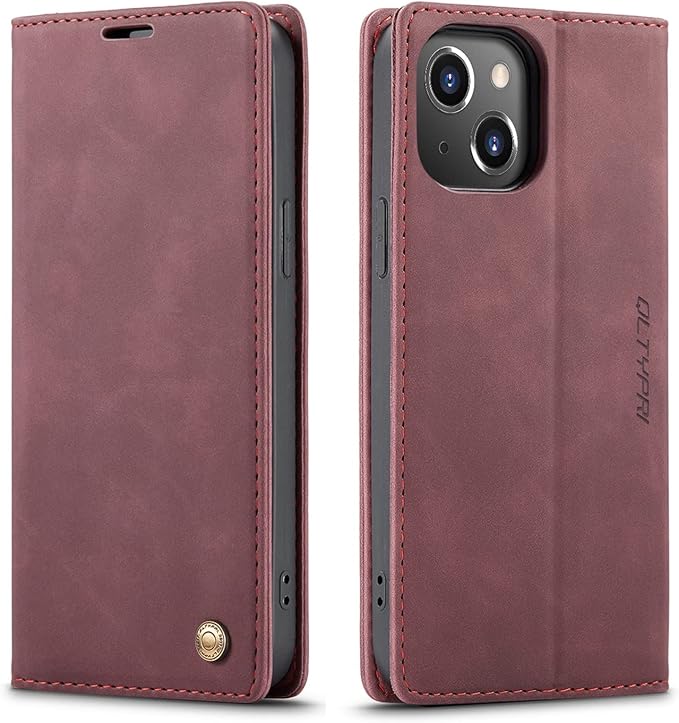 QLTYPRI Case for iPhone 14, Vintage PU Leather Wallet Case Card Slot Kickstand Magnetic Closure Shockproof Flip Folio Book Case Cover for iPhone 14(6.1 inch) - Red