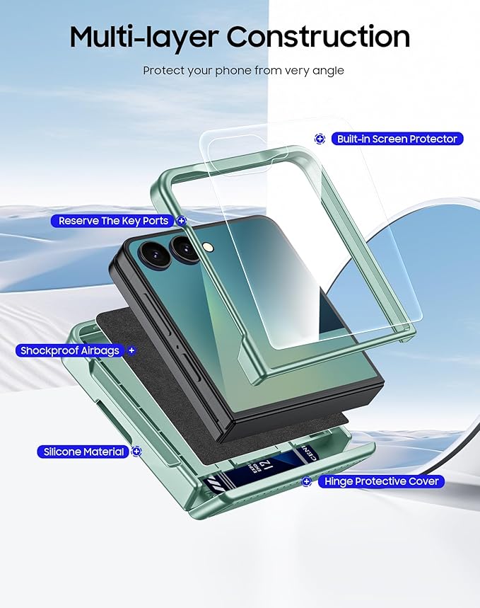 CENMASO for Samsung Galaxy Z Flip 7 Case with Card Holder [RFID Blocking] & Hinge Protection & HD Screen Protector, Rugged Anti-Scratch Full-Body Shockproof Phone Case for Z Flip 7-Mint Green