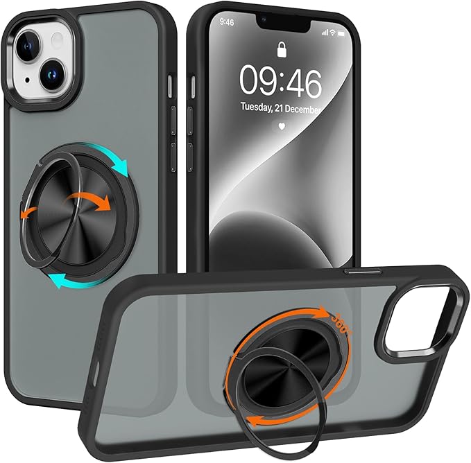 ZIYE Black Case for iPhone 14 Plus Case with Stand [Compatible with MagSafe] Slim Heavy Duty Protection Military Grade Shockproof Magnetic Cover with 360 Rotatable Ring Kickstand for Women Men