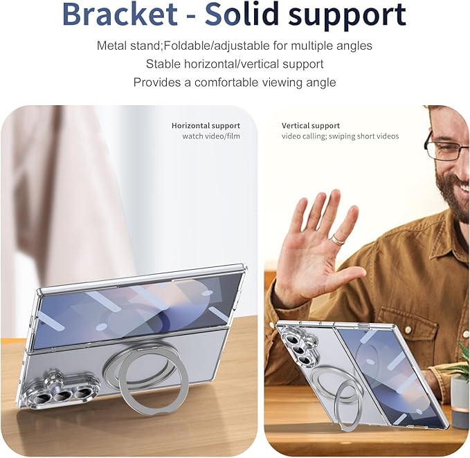 for Samsung Galaxy Z Fold 7 Case with Magnetic Ring Holder, 360 Rotating Bracket, Built-in Front Screen Len Protector, Anti-Yellowing & Anti-Fingerprint Crystal Clear Case.(Silver)