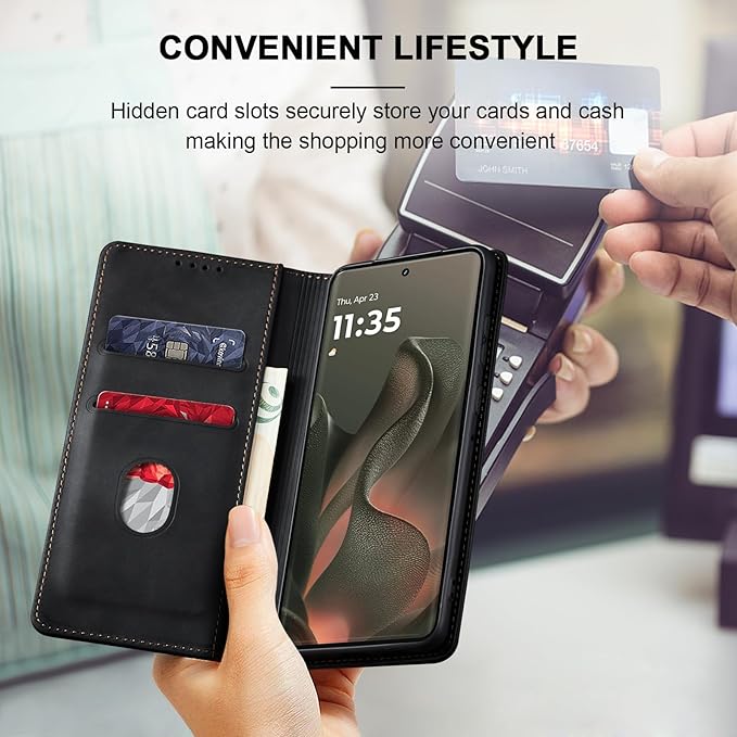 Jasonyu Flip Wallet Case for Motorola Edge (2025)/Edge 60/60 Pro/60 Fusion,Leather Magnetic Folio Cover with Card Holder,Kickstand - TPU Shockproof Durable Protective Phone Case,Black