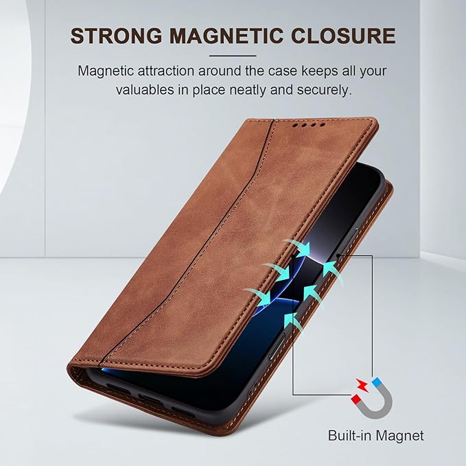 Jasonyu Flip Wallet Case for iPhone 16 Pro Max,Leather Magnetic Folio Cover with Card Holder,Kickstand - TPU Shockproof Durable Protective Phone Case,Brown