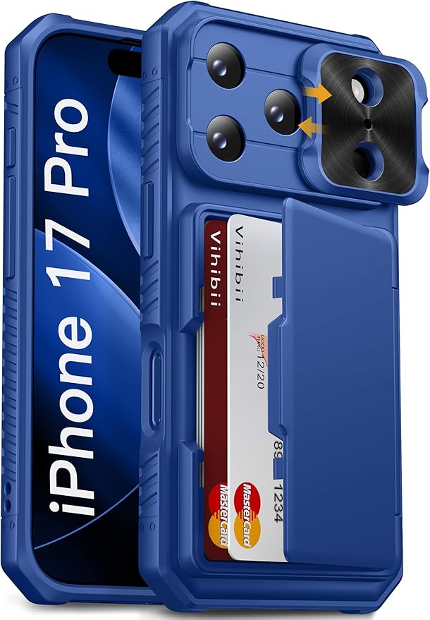 Vihibii for iPhone 17 Pro Case Wallet with Card Holder (4 Cards) [RFID Blocking] & Slide Camera Cover, Military Grade Drop Protection, Rugged Hard Back & Silicone Edge Phone Case 5G 2025, Royal Blue