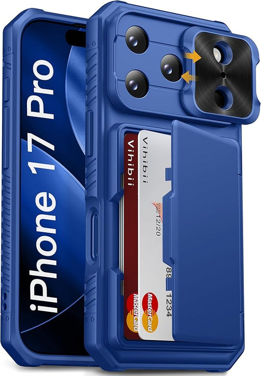 Vihibii for iPhone 17 Pro Case Wallet with Card Holder (4 Cards) [RFID Blocking] & Slide Camera Cover, Military Grade Drop Protection, Rugged Hard Back & Silicone Edge Phone Case 5G 2025, Royal Blue