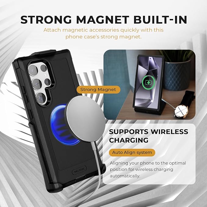 MOTIVE Designed for Samsung Galaxy s24 Ultra Case with Belt Clip, Compatible with MagSafe, Quad-Layer 15FT Military Grade Drop Protection, Heavy Duty s24 Ultra Holster Case 6.8” | Black