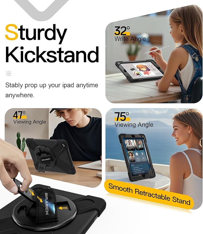 BRAECN for iPad 9th Generation Case, iPad 10.2 Case with Built in Screen Protector, Hand Strap, Swiveling Stand, Shoulder Straps, Heavy Duty Rugged Case for iPad 8th/7th Gen 10.2 Inch-Black
