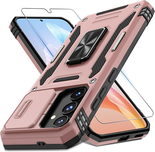 DEERLAMN Case for Samsung Galaxy S24 FE 6.7-Inch with Slide Camera Cover+Screen Protector(1 Pack), Rotated Ring Kickstand Military Grade Shockproof Protective Cover-Rose Gold