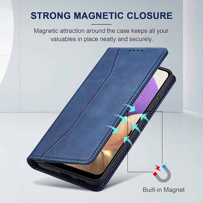 Jasonyu Flip Wallet Case for Samsung Galaxy A32 5G,Leather Magnetic Folio Cover with Card Holder,Kickstand - TPU Shockproof Durable Protective Phone Case,Blue