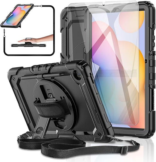 Case for Samsung Galaxy Tab S6 Lite Tablet Case 10.4 inch 2024/2022/2020 [with Tempered Glass Screen Protector], Rotatable Kickstand, S Pen Holder, Hand/Shoulder Strap (Black)