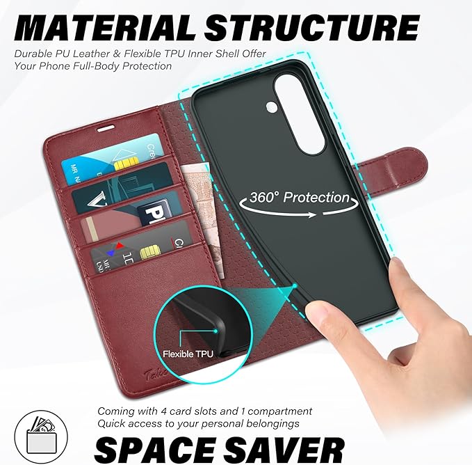 TUCCH Wallet Case for Galaxy S25 Plus 5G, Magnetic Kickstand RFID Blocking Card Slot Folio PU Leather Protective Flip Cover with TPU Shockproof Inner Case Compatible with Galaxy S25 Plus, Dark Red