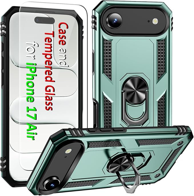 ADDIT Compatible with iPhone 17 Air Case with Tempered Glass Screen Protector, Adjustable Kickstand Ring, Military-Grade Heavy Duty Protection, Shockproof, Anti-Fingerprint,Teal