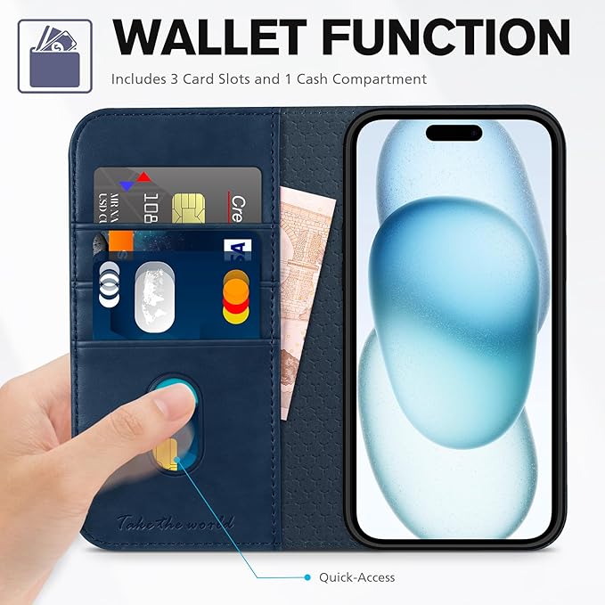TUCCH Wallet Case for iPhone 15 5G, PU Leather Folio Case with [RFID Blocking] [3 Card Slot], Kickstand Book Design [Shockproof TPU Interior Case] Compatible with iPhone 15 6.1-inch 2023, Dark Blue