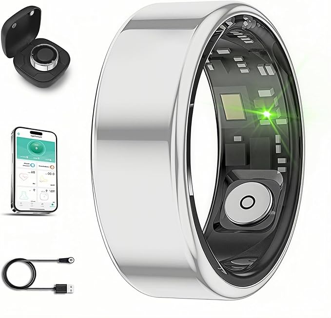 Smart Ring for Men Women with Black Charging Box, Bluetooth, Health Ring , IP68 Waterproof, Fitness Ring Tracks Heart Rate/Sleep/Steps/Sports Activities/Blood Oxygen,non-subscription app (Silver, 12)