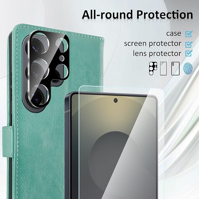 MONASAY Wallet Case Fit for Samsung Galaxy S25 Ultra 6.9 inch, [Lens & Glass Screen Protector Included] [RFID Blocking] Flip Folio Leather Cell Phone Cover with Credit Card Holder, Mint