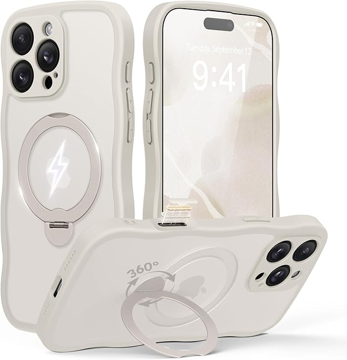 GolbinBox for iPhone 16 Pro Max Case for Women,[Compatible with Magsafe][360° Spin Magnetic Stand][Cute Wave Edge][Military-Grade Protection] Translucent Matte Phone Case for iPhone 16 ProMax, Stone