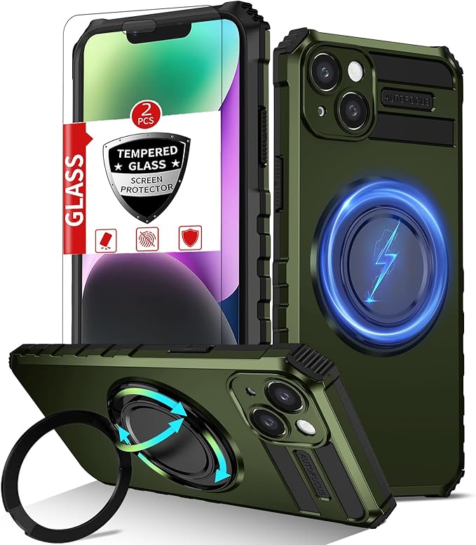 for iPhone 13 Case Magnetic Compatible with MagSafe Wireless Charging,with 2 Screen Protectors,Built-in 360°Kickstand Ring,Military Grade Drop Shockproof Heavy Duty Protection Phone Men Blue