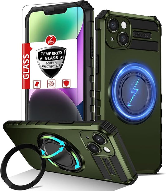 for iPhone 13 Case Magnetic Compatible with MagSafe Wireless Charging,with 2 Screen Protectors,Built-in 360°Kickstand Ring,Military Grade Drop Shockproof Heavy Duty Protection Phone Men Blue