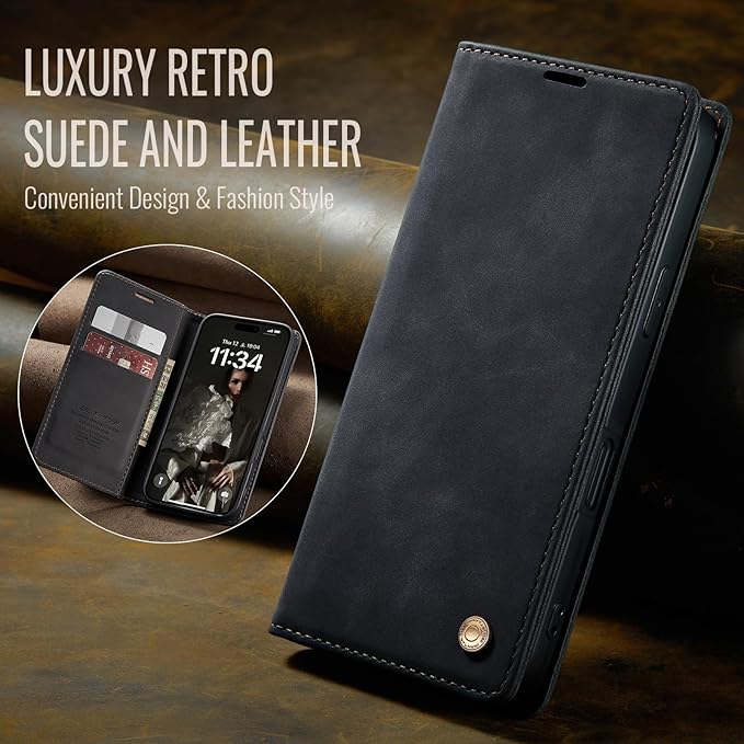 QLTYPRI for iPhone 16 Case Wallet with Card Holder, Vintage PU Leather Kickstand Magnetic Closure Shockproof Folio Book Cover Case for iPhone 16 - Black