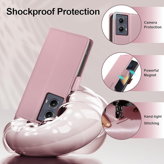 Wallet Flip Case for Motorola Edge (2024) - [RFID Blocking] Luxury PU Leather Card Holder Magnetic Phone Cover with Kickstand,Shockproof Protective Case,Pink