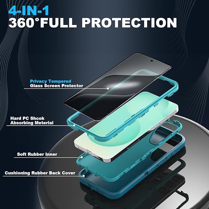 Designed for Samsung Galaxy S24 Plus/S25 Plus Case [with Privacy Screen Protector] 3-Layer Full Body Protection Rugged Shockproof Heavy Duty Phone Case Cover, Turquoise