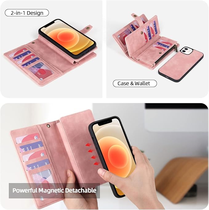 TwoHead for iPhone 12/12 Pro Wallet Case with Card Holder & Detachable Magnetic Phone Case,Leather All-Round Protection Phone Case for Women/Men,6.1IN,Pink