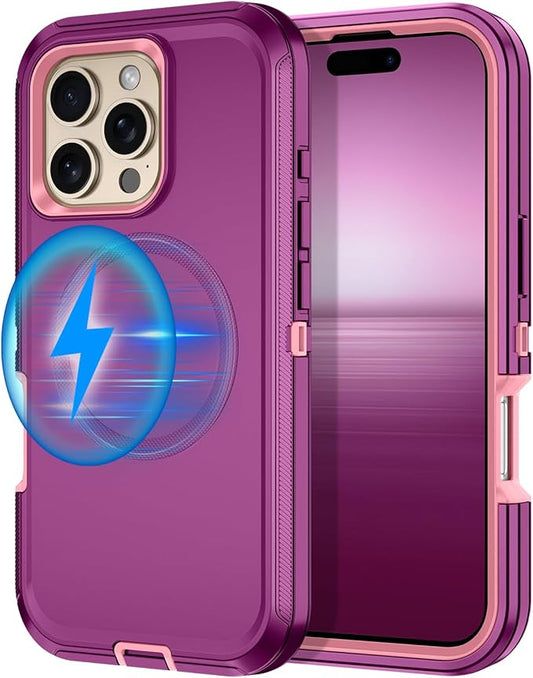 for iPhone 16 Pro Case [Compatible with MagSafe] Shockproof 3-Layer Full Body Protection [Without Screen Protector] Rugged Heavy Duty Cover Case for Apple iPhone 16 Pro 6.3",Purple/Pink