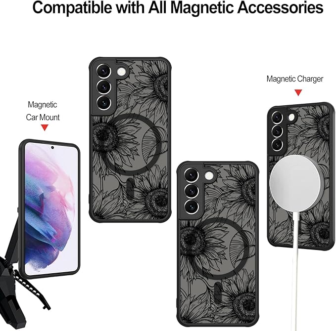 Fiyart Designed for Samsung Galaxy S21 Case Matte Flowers Design Compatible with MagSafe,Cute Sunflowers Anti-Scratch Translucent Phone Cover for Women Girls 6.1"-Black