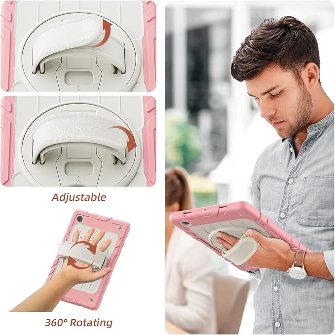 for Samsung Galaxy Tablet A8 Case 10.5 inch 2022 SM-X200/X205/X207 with Screen Protector [360 Rotating Stand] &Hand Shoulder Strap Shockproof Rugged Protective Cover|Pink&Beige
