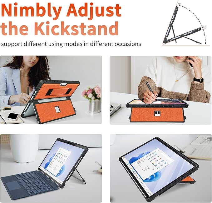 Case fit Microsoft Surface Pro 11/10/9/8 13-Inch, with Stent Cover, Hand Strap, All-in-one Rugged Case Compatible with Type Cover Keyboards, Orange