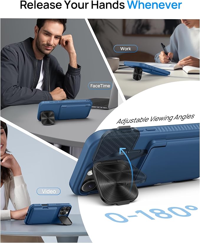 for iPhone 16 Pro Case with Card Holder & Kickstand, Built-in Camera Lens Cover, Shockproof Rugged Silicone Raised Edge Protective Stand Wallet Phone Case for 16 Pro 6.3", Blue