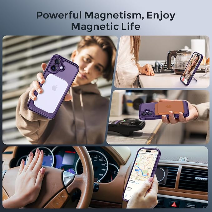 MOCCA Compatible with iPhone 17 Case with Magnetic Invisible Stand [Full Camera Protection] [Compatible with Magsafe] Military Drop Shockproof Translucent Matte Phone Case Cover 6.3",Deep Purple